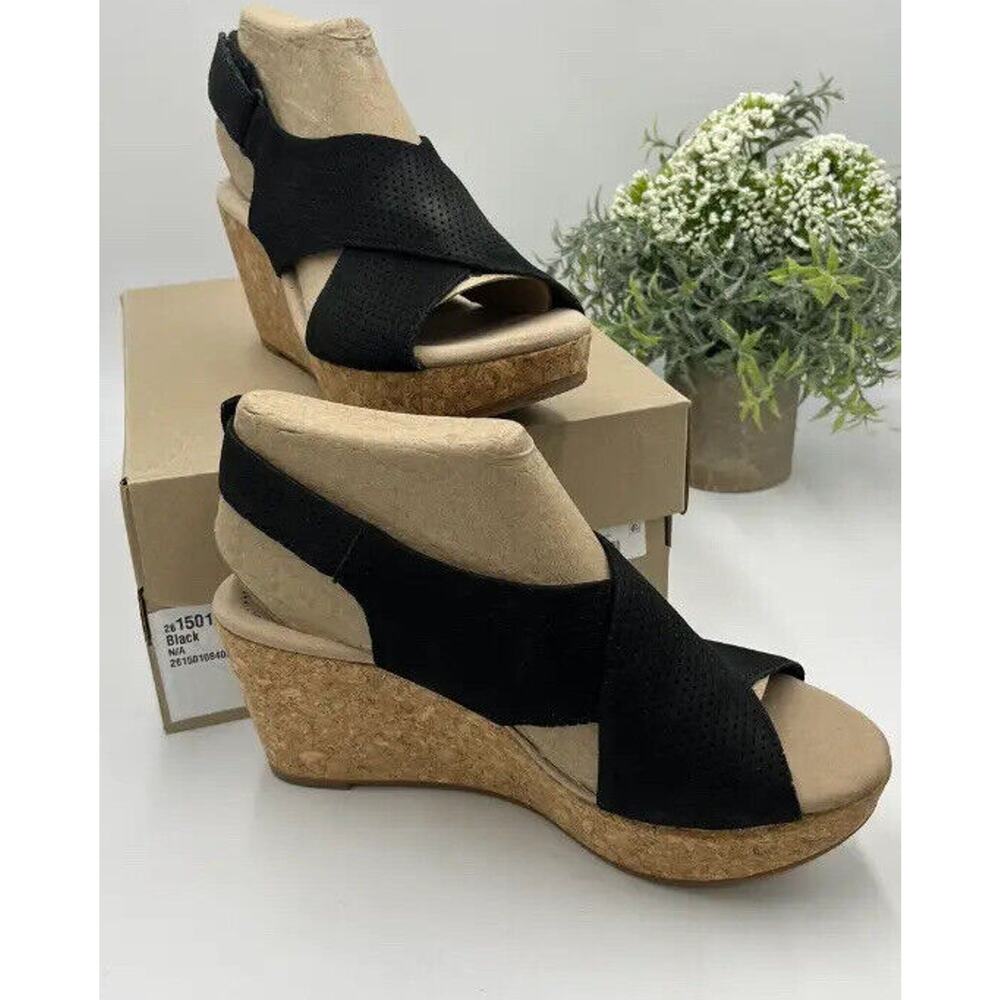 Clarks Women's Annadel Parker Black Suede Cork Wedge Platform Sandal Sz 7.5M New